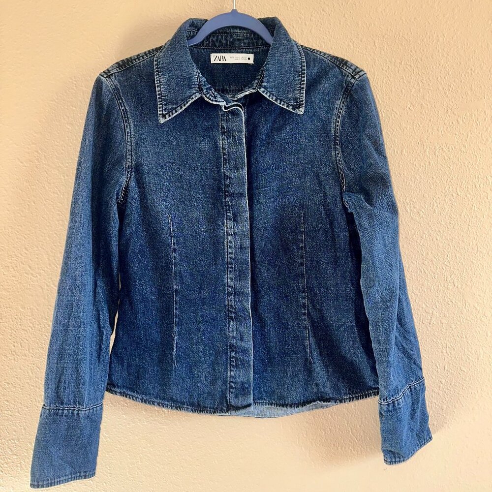 Zara Blue Denim Button Up Shirt Women's Size Large Western Coastal Cowgirl